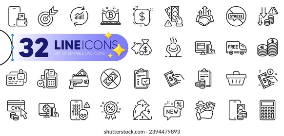 Outline set of Currency, Pay money and Cyber attack line icons for web with Checklist, Free delivery, Accounting thin icon. Bitcoin, Bill accounting, Discount pictogram icon. Cvv code. Vector