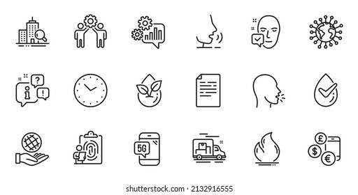 Conjunto de esquemas de tipos de cambio, energía de fuego y iconos de línea de huellas dactilares para aplicaciones web. Hable, información, icono de esquema del camión de entrega. Incluye Planeta Seguro, Producto Orgánico, iconos de teléfono 5g. Vector