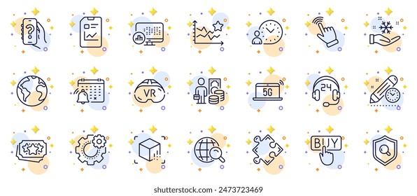 Outline set of Cursor, Internet search and Inspect line icons for web app. Include Help app, Buying, Report statistics pictogram icons. World planet, Augmented reality, Loyalty points signs. Vector