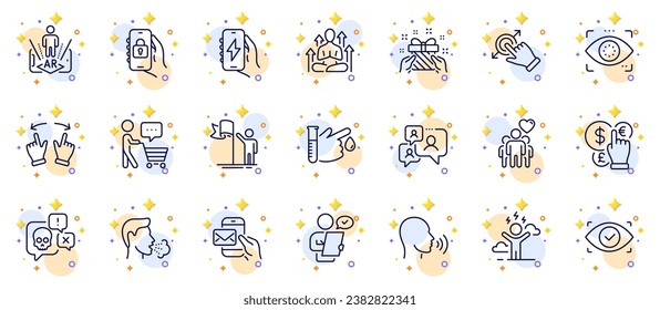 Outline set of Customer survey, Cyber attack and Cough line icons for web app. Include Money currency, Charging app, Move gesture pictogram icons. Messenger mail, Support chat. Vector