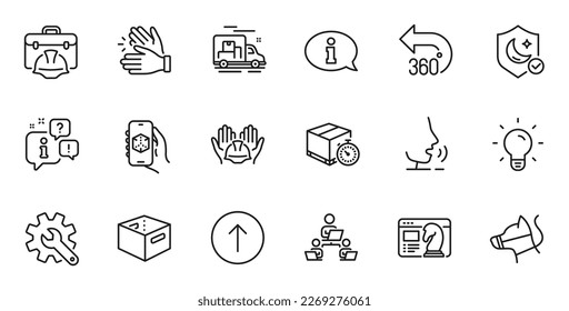 Outline set of Customisation, Dog leash and Swipe up line icons for web application. Talk, information, delivery truck outline icon. Include Seo strategy, Light bulb, Delivery timer icons. Vector