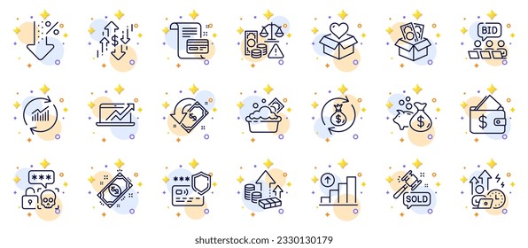 Outline set of Cyber attack, Dollar rate and Cashback line icons for web app. Include Payment, Payment card, Update data pictogram icons. Launder money, Graph chart, Donation signs. Vector