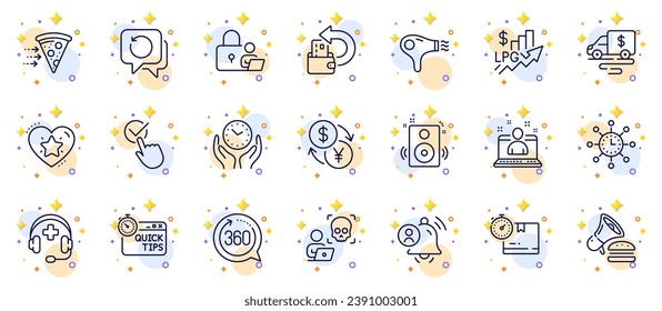 Outline set of Cyber attack, Lock and Ranking star line icons for web app. Include Quick tips, Hair dryer, User notification pictogram icons. Best manager, Cash transit, Safe time signs. Vector