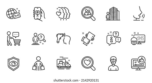 Outline Set Of Cyber Attack, Search Employees And Search Love Line Icons For Web Application. Talk, Information, Delivery Truck Outline Icon. Vector