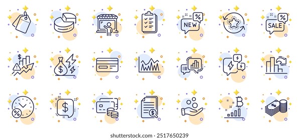 Outline set of Decreasing graph, Electricity price and Graph chart line icons for web app. Include Payment message, Savings, Donation money pictogram icons. Credit card, Stress. Vector