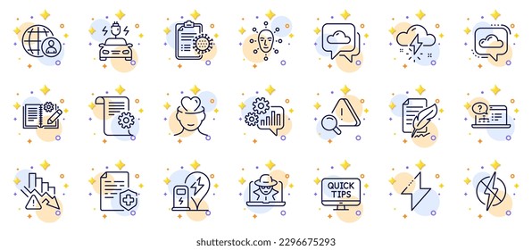 Outline set of Deflation, Feather signature and International recruitment line icons for web app. Include Cogwheel, Weather forecast, Engineering documentation pictogram icons. Attention. Vector