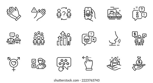 Outline set of Delegate question, Clapping hands and Genders line icons for web application. Talk, information, delivery truck outline icon. Vector