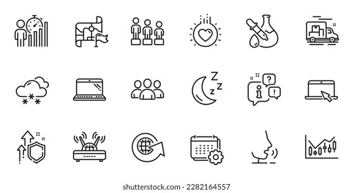 Outline set of Destination flag, Laptop and Love line icons for web application. Talk, information, delivery truck outline icon. Vector