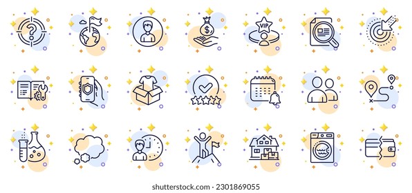 Outline set of Destination flag, Users and Calendar line icons for web app. Include Clothing, Working hours, Vip table pictogram icons. Laundry, Journey, Targeting signs. Talk bubble. Vector