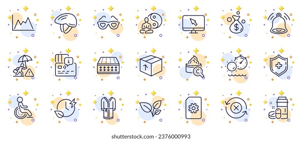 Outline set of Diagram, Card and Collagen skin line icons for web app. Include Disability, Risk management, Flexible mattress pictogram icons. Bell alert, Internet, Package signs. Vector