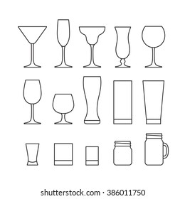 Outline set of different alcohol glasses. Line icon set. Flat design style, vector illustration.