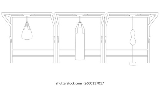 Outline of a set with different types of punching bags. Front view