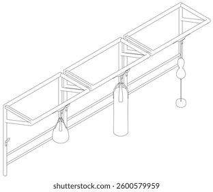 Outline of a set with different types of punching bags. Isometric view