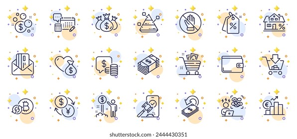 Outline set of Difficult stress, Donation and Shopping line icons for web app. Include Launder money, Mortgage, Discount tags pictogram icons. Income money, Auction, Cashback signs. Vector