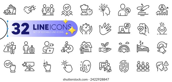 Outline set of Difficult stress, Timer and Sleep line icons for web with Love message, Video conference, Hand thin icon. Touchpoint, Helping hand, Face declined pictogram icon. Find user. Vector