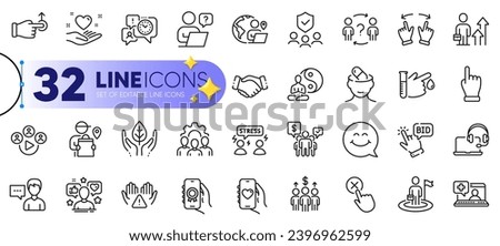 Outline set of Difficult stress, Yoga and Handshake line icons for web with Medical help, Consult, Team work thin icon. Delivery man, Video conference, Delegate question pictogram icon. Vector