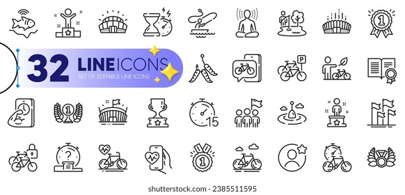 Outline set of Diploma, Leadership and Timer line icons for web with Reward, Cardio bike, Quiz thin icon. Fitness, Winner, Success pictogram icon. Arena stadium, Yoga, Boat fishing. Vector