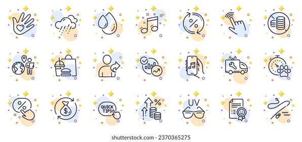 Outline set of Discount button, Statistics and Music app line icons for web app. Include Oil drop, Cursor, Fast food pictogram icons. Social responsibility, Outsource work, Smile signs. Vector