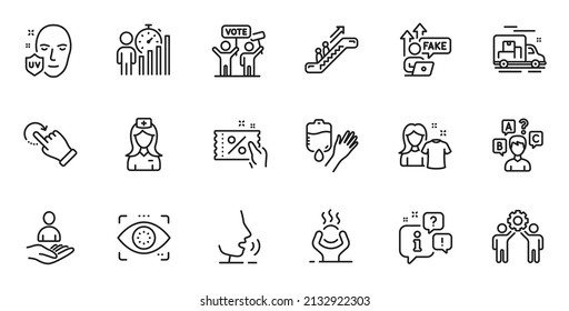 Outline Set Of Discount Coupon, Difficult Stress And Hospital Nurse Line Icons For Web Application. Talk, Information, Delivery Truck Outline Icon. Vector