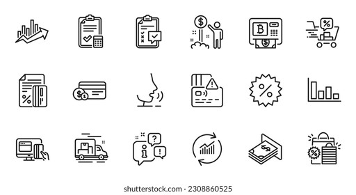 Outline set of Discount, Credit card and Histogram line icons for web application. Talk, information, delivery truck outline icon. Include Payment method, Shopping bags, Income money icons. Vector