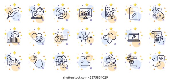 Outline set of Divider document, Home charging and Edit document line icons for web app. Include Money currency, Feather, Feminism pictogram icons. Laptop repair, Survey check. Vector