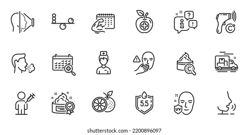 Outline set of Doctor, Medical food and Cream line icons for web application. Talk, information, delivery truck outline icon. Include Collagen skin, Balance, Medical calendar icons. Vector