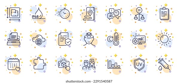 Outline set of Doctor, Typewriter and Medical analytics line icons for web app. Include Certificate, Timer, Healthcare calendar pictogram icons. Time management, Puzzle, Stress signs. Vector