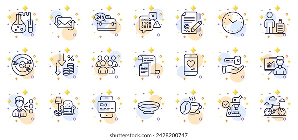 Outline set of Documents, Presentation and Deflation line icons for web app. Include Baggage, Dish, 24h service pictogram icons. Card, Group, Time signs. Third party, Buying house, Love chat. Vector