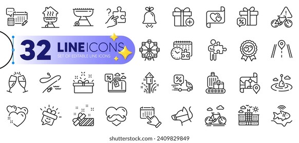 Outline set of Dog leash, Event click and Father day line icons for web with Fishing rod, Present, Home grill thin icon. Champagne glasses, Account, Search puzzle pictogram icon. Vector