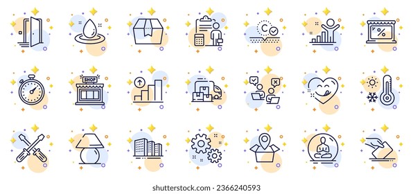 Outline set of Door, Voting ballot and Online voting line icons for web app. Include Fuel energy, Package box, Market pictogram icons. Shop, Collagen skin, Yoga signs. Delivery truck. Vector