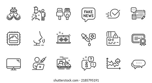 Outline set of Dots message, Computer and Checkbox line icons for web application. Talk, information, delivery truck outline icon. Include Fake news, Cloud computing, Chemistry pipette icons. Vector