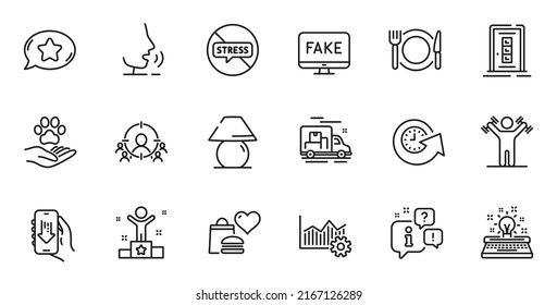 Conjunto de esquemas de la aplicación de descarga, los iconos de línea de estrés de Winner y Stop para la aplicación web. Hable, información, icono de esquema del camión de entrega. Vector