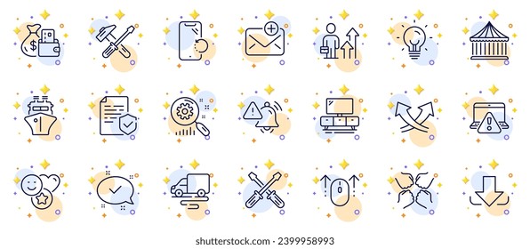 Outline set of Download, New mail and Ship line icons for web app. Include Hammer tool, Swipe up, Attention bell pictogram icons. Intersection arrows, Online warning, Delivery route signs. Vector