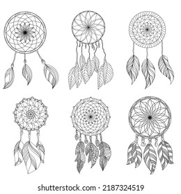 Outline set of dream catchers with ornate feathers vector illustration
