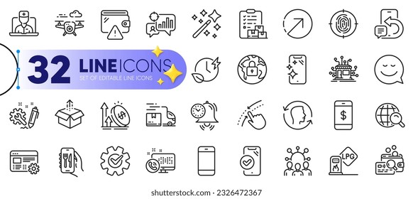 Outline set of Drone, Time management and Distribution line icons for web with Swipe up, Excise duty, Smartphone clean thin icon. Telemedicine, Squad, Lock pictogram icon. Face id. Vector