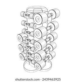 Outline of a set of dumbbells of different sizes placed on a rack. Set of dumbbells isolated on white background. Design element for logo, label, sign, emblem, poster. Vector illustration. 3D.