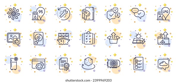 Outline set of Earphones, Refrigerator and Cloud communication line icons for web app. Include Recovery tool, Seo gear, Certificate pictogram icons. Versatile, Seo devices. Vector