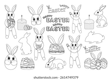 Outline set with Easter bunnies, white rabbits, bunny silhouettes, bouquet of tulip flower, ornate eggs, cakes - kulich, - and greetings HAPPY EASTER. Perfect for kids coloring page and crafts.