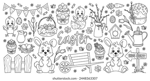 Outline set of Easter elements for spring holiday design. Chicks, rabbits, painted eggs, Easter cakes and other. Vector black and white contour cartoon illustrations perfect for kids coloring book.