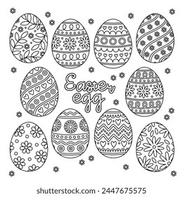 Outline set of Easter painted eggs. Traditional decorated eggs. Black and white vector contour illustrations perfect for coloring book and spring holiday design.