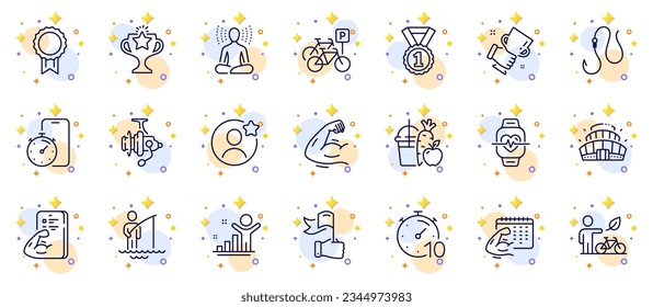 Outline set of Eco bike, Fishing reel and Timer line icons for web app. Include Fisherman, Timer app, Reward pictogram icons. Best friend, Cardio training, Victory signs. Winner cup. Vector