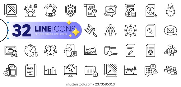 Conjunto de esquemas de los iconos de edición de documentos, inclusión y línea de Messenger para web con área de triángulo, recordatorio, icono delgado de comunicación en la nube. Gráfico comercial, archivos de búsqueda, icono de pictograma de contabilidad. Vector