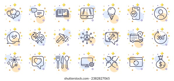 Outline set of Education, Ice cream and 360 degrees line icons for web app. Include Heart, Headshot, Networking pictogram icons. Food, Spanner, Gps signs. Monitor settings, Fireworks, Delivery. Vector