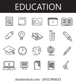 outline set of education line icons. linear vector icons such as book, pencil, computer, globe, etc, vector illustration
