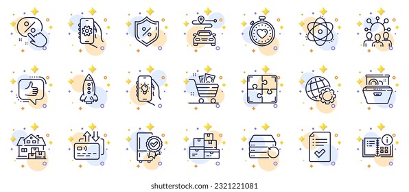 Outline set of Electric app, Discount button and Approved checklist line icons for web app. Include Heartbeat timer, Recovery server, Squad pictogram icons. Atom, Instruction info. Vector