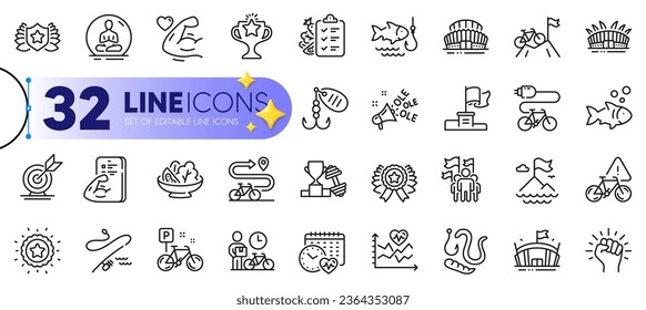 Outline set of Electric bike, Fishing and Laureate line icons for web with Dumbbell, Cardio training, Arena thin icon. Yoga, Cardio calendar, Arena stadium pictogram icon. Target goal. Vector