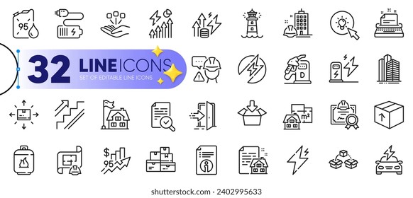 Outline set of Electricity consumption, Entrance and Parcel shipping line icons for web with Engineering plan, Rise price, Diesel station thin icon. Car charging, Skyscraper buildings. Vector