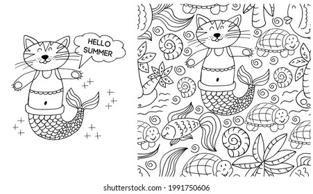 Outline Set of element and seamless pattern. Mermaid cat and background with seashells and marine elements. Hello summer