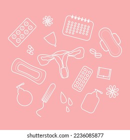 conjunto de esquema con elementos de higiene femenina durante el ciclo menstrual sobre fondo rosa