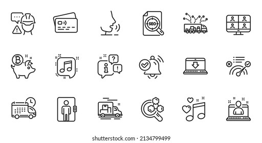 Outline set of Elevator, Correct answer and Love music line icons for web application. Talk, information, delivery truck outline icon. Vector